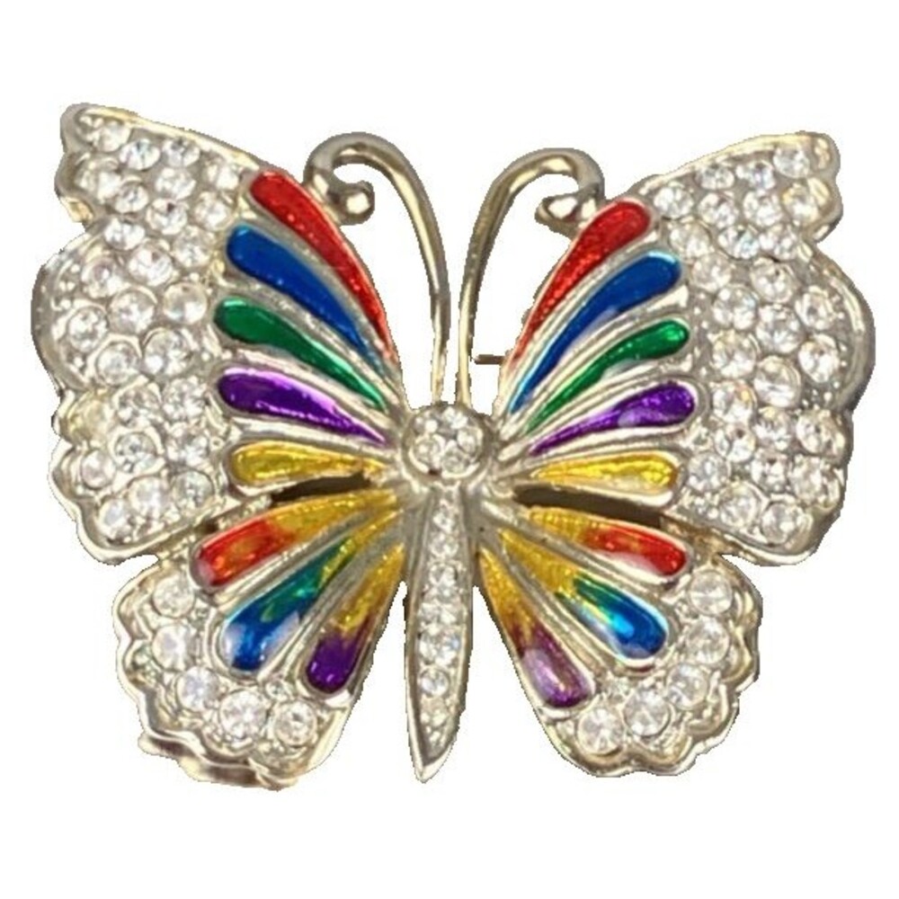 VTG Rainbow Butterfly Brooch Pin Silver Tone w/ Enamel and Pave' Rhinestone Look